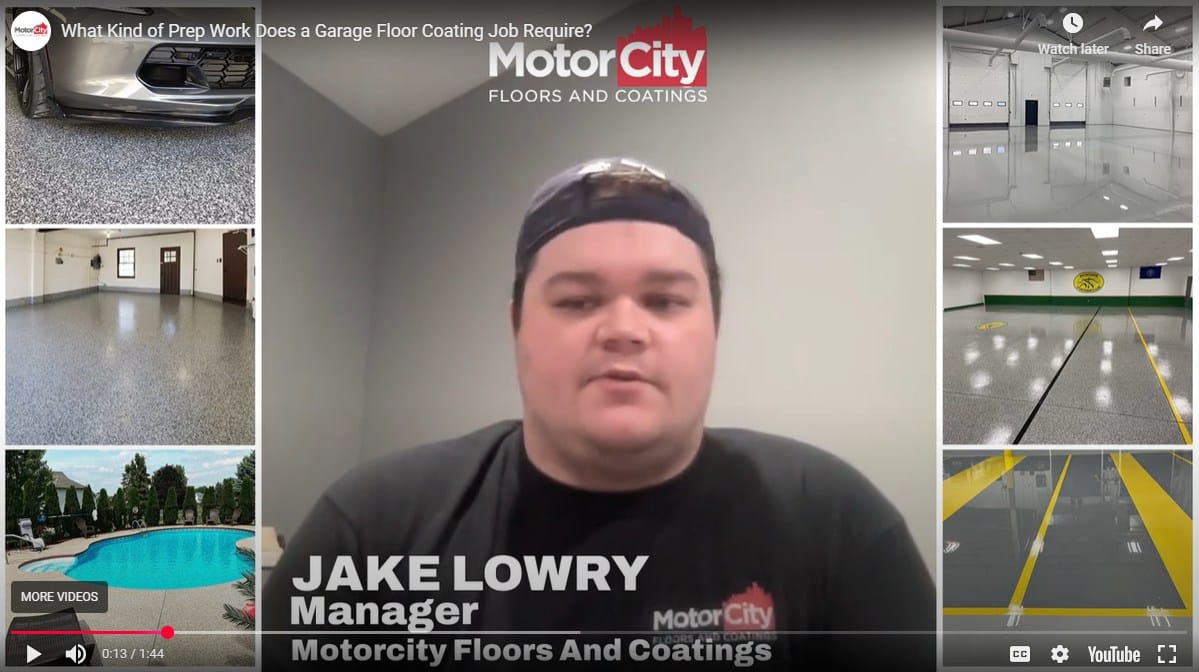 A video detailing the concrete prepping work preceding the application of epoxy paint on a garage floor